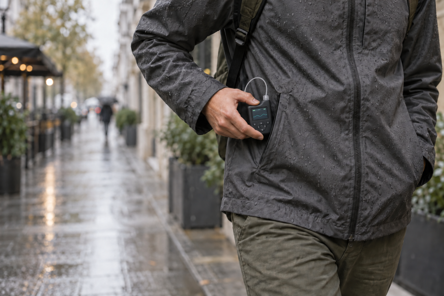 Eine Person zieht ihre Insulinpumpe aus der Tasche einer regennassen Jacke