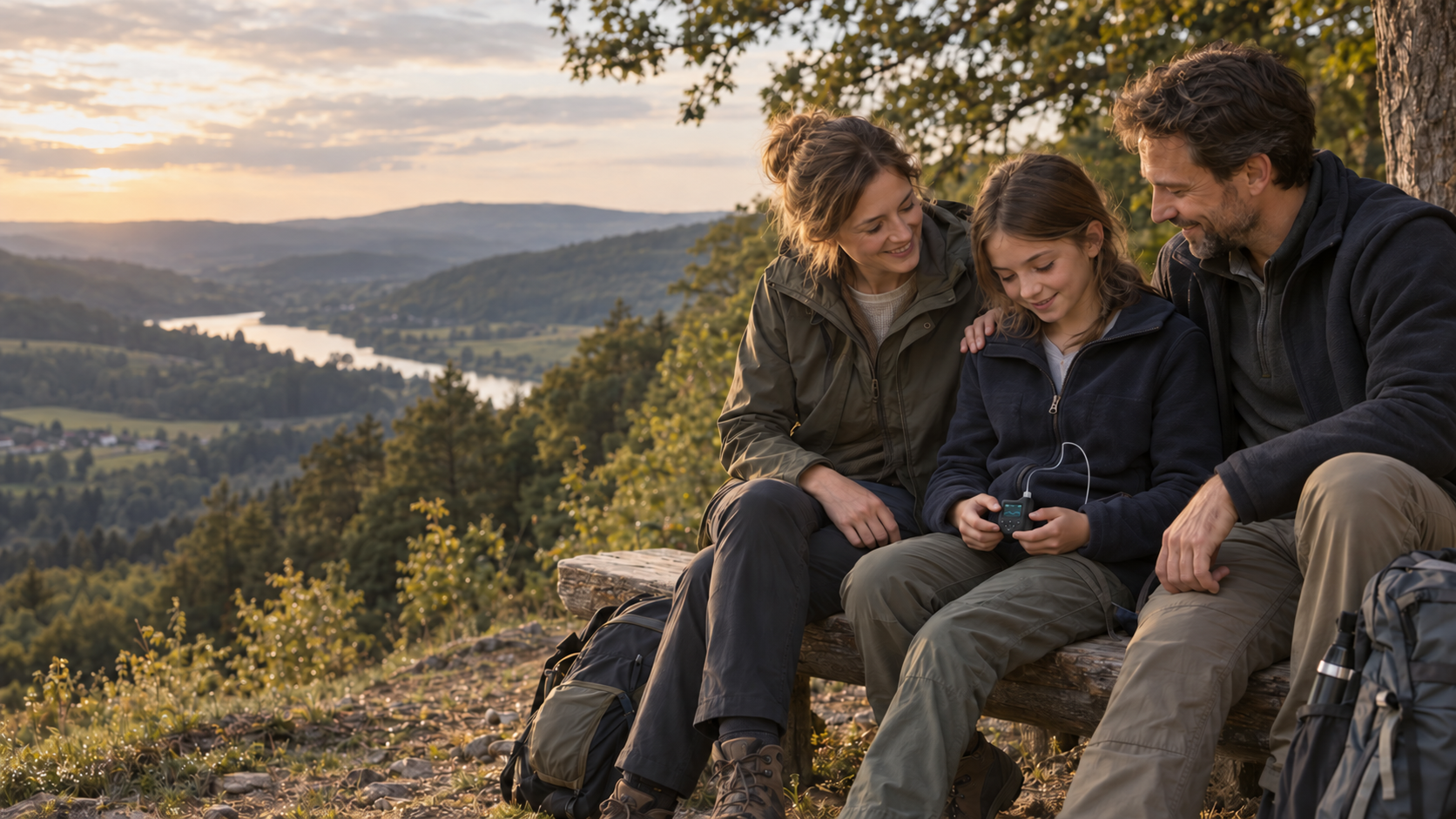 Eine Familie macht nach einer Wanderung Pause; das Kind bedient zwischen seinen Eltern eine Insulinpumpe