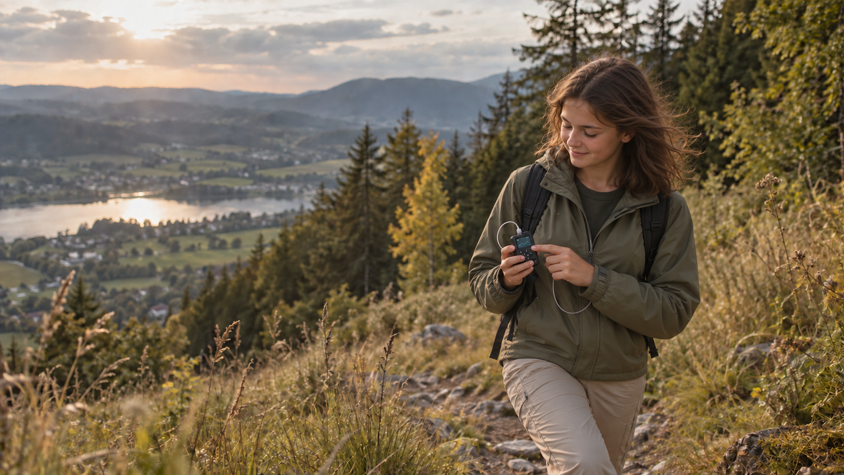 Eine Jugendliche bedient während einer Wanderpause ihre Insulinpumpe